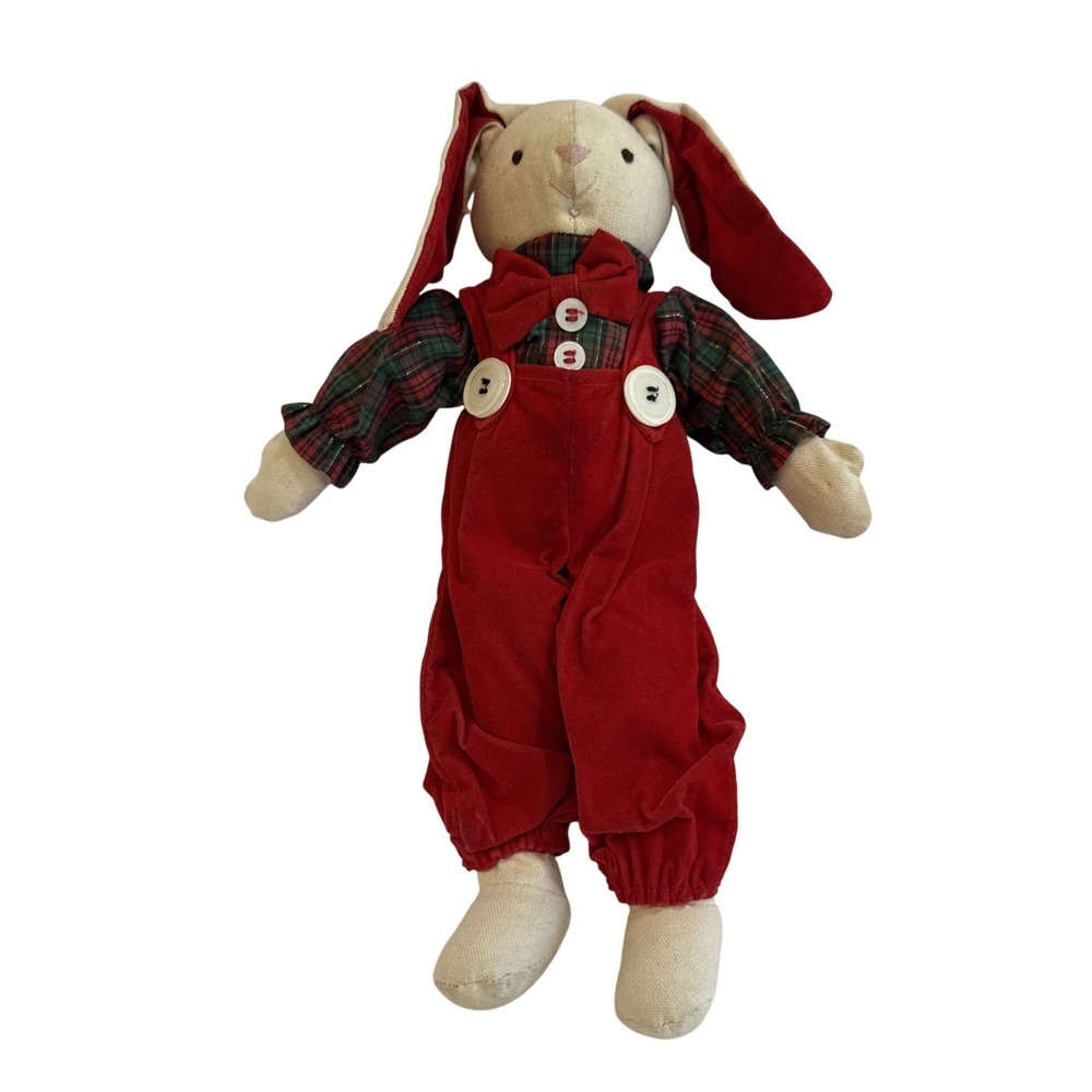 Vintage Style Christmas Plush Bunny Rabbit Red Corduroy Overalls Plaid‎ 12 Inch